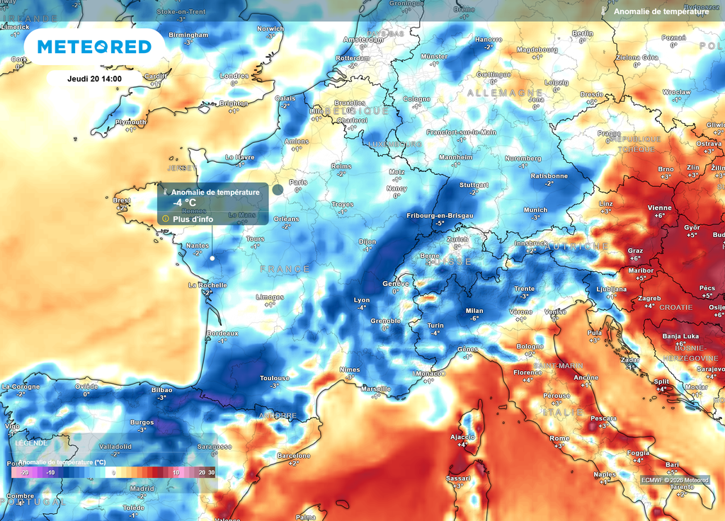 Anomalie de températures jeudi après-midi Jeudi après-midi, l'air plus frais aura bien progressé sur le pays, n'épargnant que certaines parties du Languedoc et de la Corse.