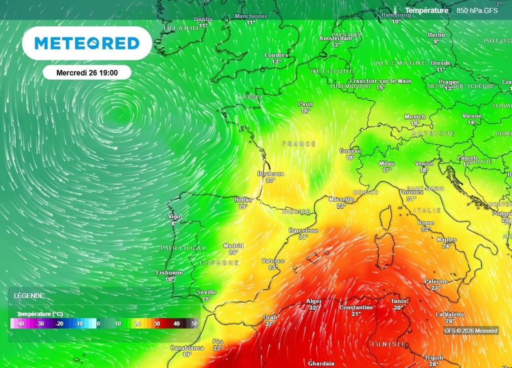 Regain de chaleur Le recul temporaire de la zone dépressionnaire vers l'ouest permet à de l'air de nouveau plus chaud de remonter vers la France ce mercredi 26 août