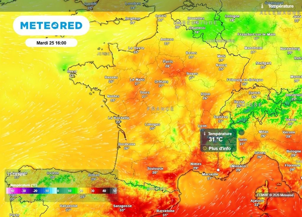 Maximales mardi 25 août La chaleur recule de nouveau vers le sud-est ce mardi après-midi alors que les températures retrouvent des niveaux plus raisonnables sur le reste du pays