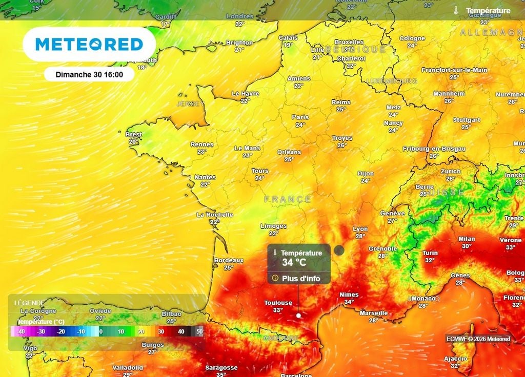 Chaleur Un regain de chaleur sera observé sur la moitié sud du pays dimanche avec régulièrement plus de 30°C du sud-ouest à la Méditerranée. Le nord conservera une masse d'air plus fraîche