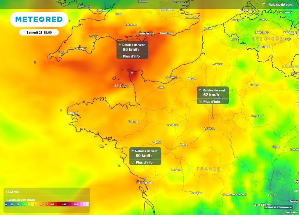 Des rafales de 60 à 80 km/h vont concerner le nord-ouest de la France ce samedi Des rafales de 60 à 80 km/h vont concerner le nord-ouest de la France ce samedi