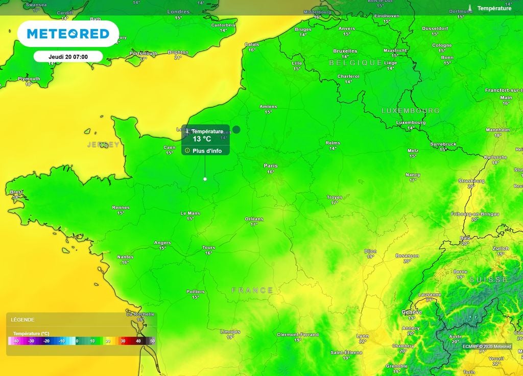 Températures jeudi matin moitié Nord Si l'on excepte le Nord-Est du pays, parfois encore bien doux, une grande partie de la moitié Nord de la France respirera la nuit prochaine, avec souvent de 13 à 16°C.