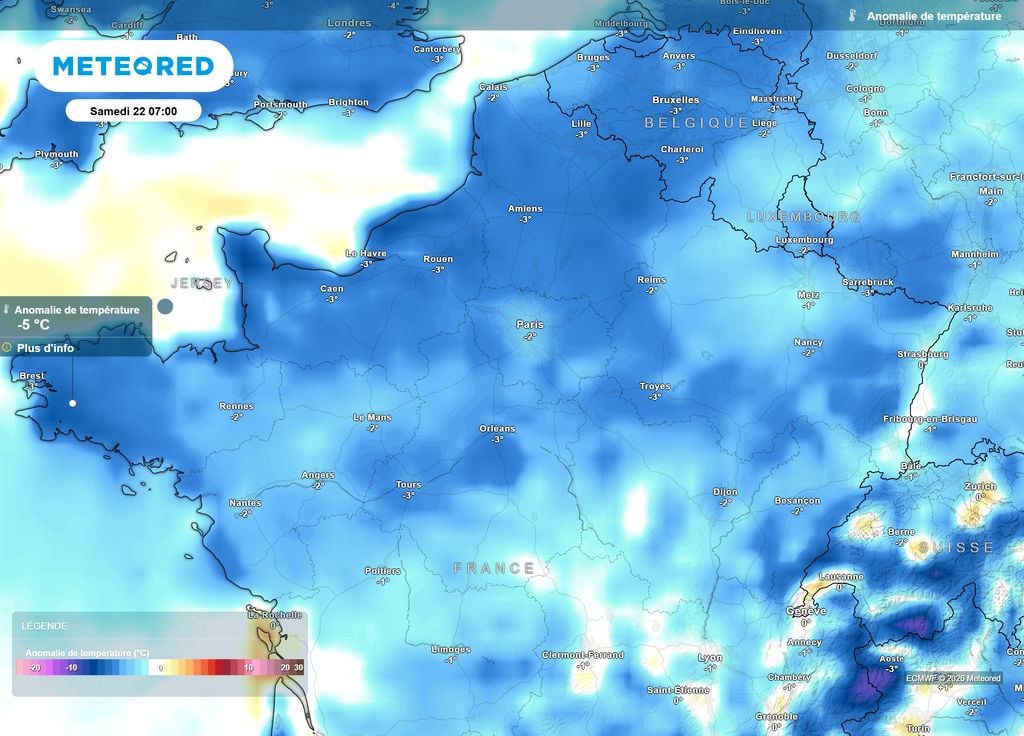 Anomalie de températures samedi matin moitié Nord Samedi matin, les températures se retrouveront souvent 2 à 5°C sous les normales de saison sur la moitié Nord.