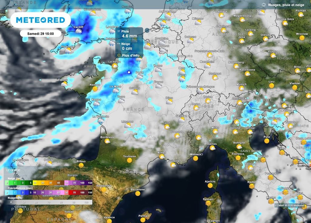 Perturbation pluie samedi après-midi Ce samedi, c'est surtout le quart Nord-Ouest du pays qui sera arrosé par cette perturbation atlantique, accompagnée de vent.