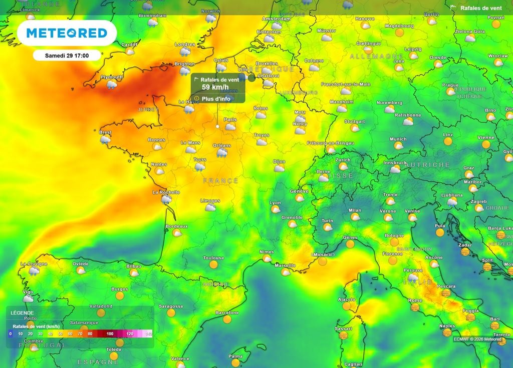 Rafales de vent samedi après-midi La trace du creux dépressionnaire est visible au Sud de l'Angleterre : les vents vont donc se renforcer en France, jusqu'à 60 km/h en rafales y compris dans les terres, parfois plus près de la Manche.