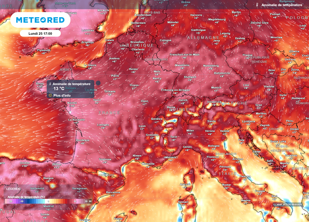 Anomalie de températures lundi après-midi Lundi après-midi, l'anomalie de températures pourrait atteindre +13°C sur la façade atlantique par rapport aux normales de saison.