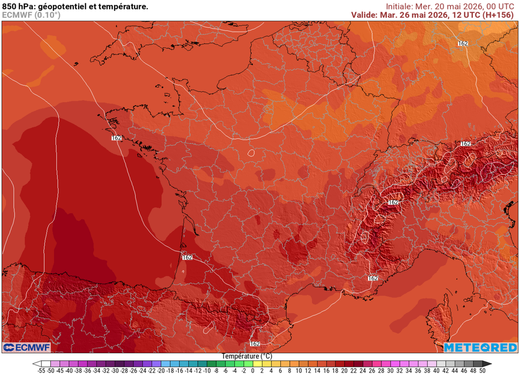 Modèle européen température à 850hPa mardi après-midi Mardi prochain, la masse d'air pourrait atteindre des niveaux exceptionnels pour la saison, frôlant les 20°C à 850 hPa sur le tiers Sud, comme lors des vagues de chaleur estivales.