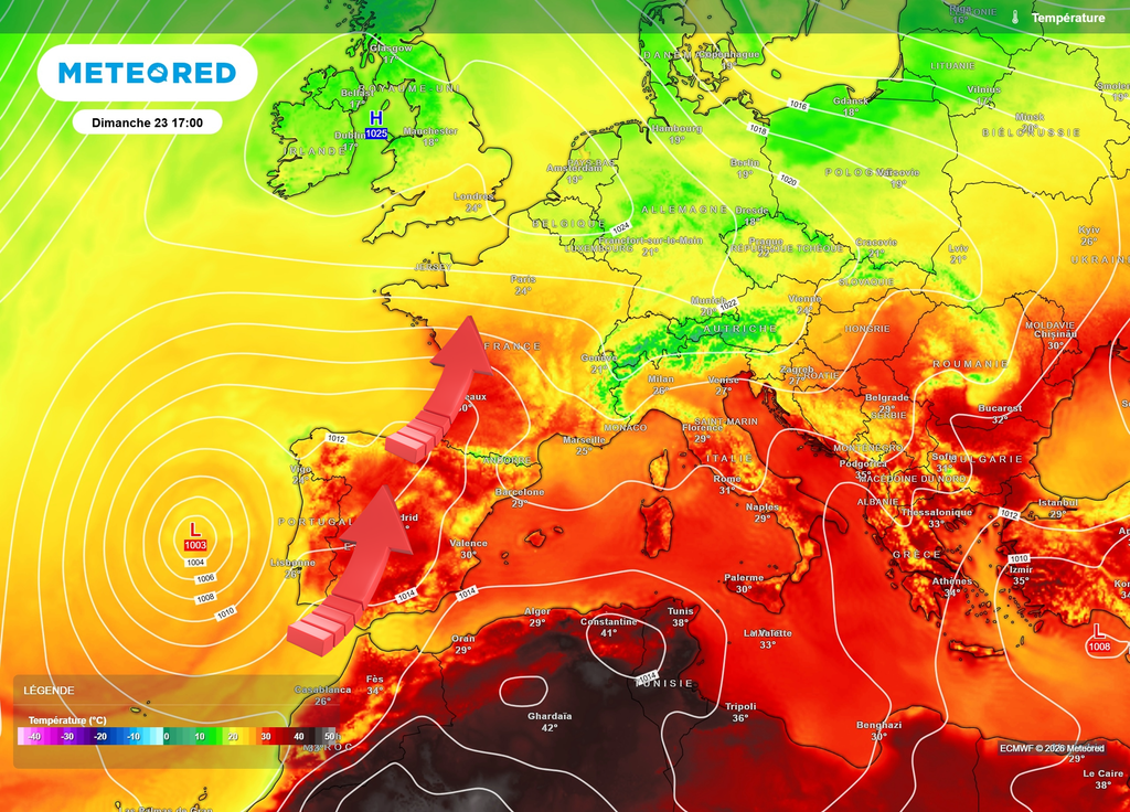 Températures dimanche après-midi goutte froide Dimanche après-midi, la goutte froide au large du Portugal fera office de pompe à chaleur, la barre des 30°C étant à nouveau largement dépassée dans le Sud de la France.