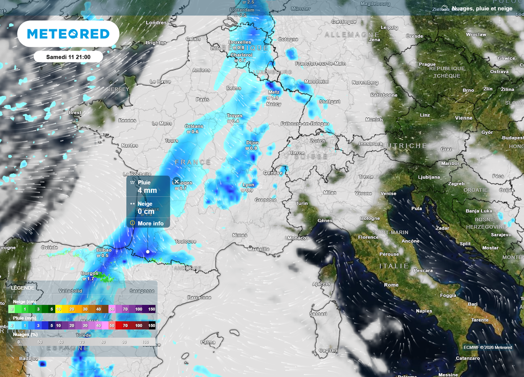 Nuages et pluie samedi 21h Samedi, en fin de journée, c'est du Sud-Ouest au Massif Central et à la Bourgogne que les précipitations seront les plus marquées.