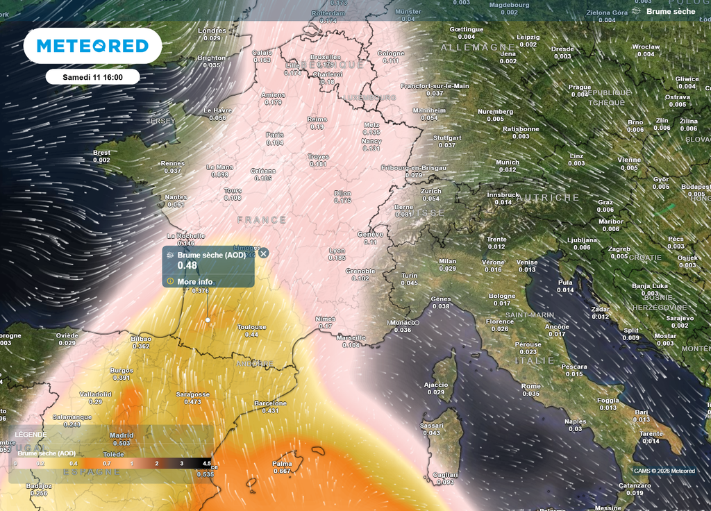 Brume sèche samedi Samedi après-midi, le quart Sud-Ouest du pays sera le plus impacté par les poussières de sable du Sahara : c'est là que les pluies seront les plus salissantes, et le ciel le plus teinté d'ocre.