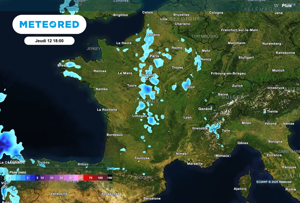 Quelques ondées attendues en soirée entre la Picardie, l'Île-de-France et l'Auvergne.