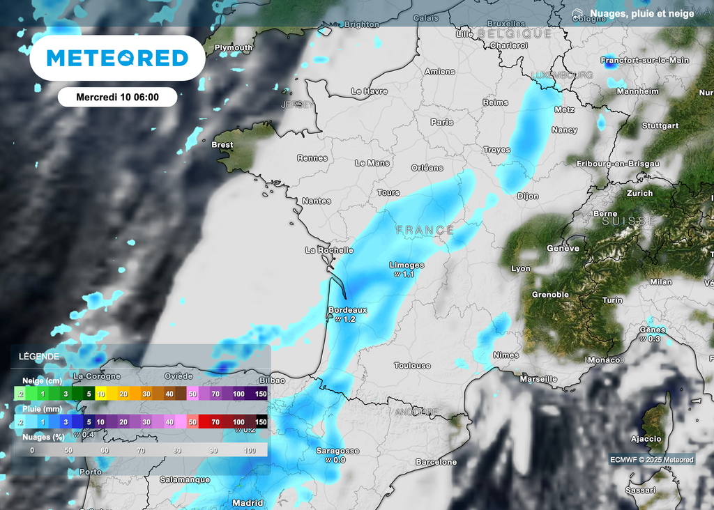 Position du front pluvieux demain matin à 6 heures. Position du front pluvieux demain matin à 6 heures.