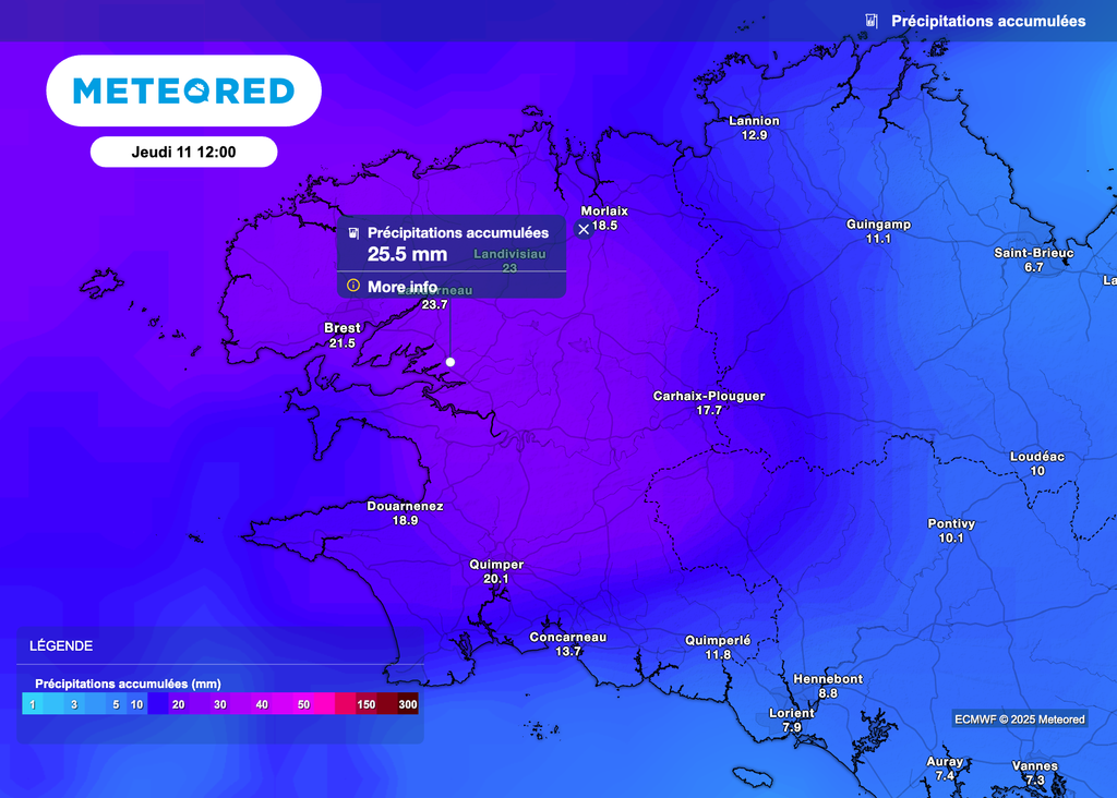 Des cumuls de pluie non négligeables attendus en Bretagne d'ici demain. Des cumuls de pluie non négligeables attendus en Bretagne d'ici demain.