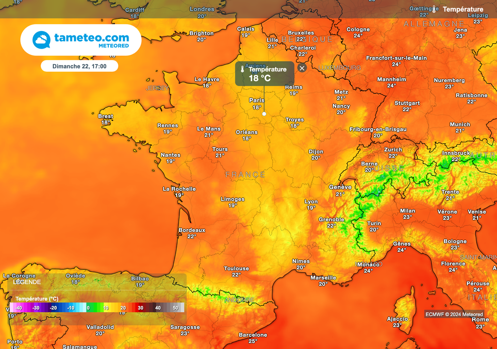 Forte baisse des températures dimanche sous les pluies orageuses.