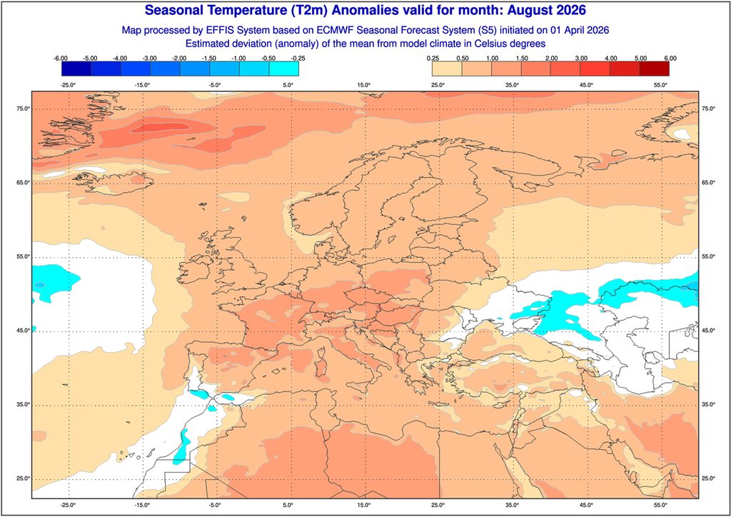 Si le mois d'août s'annonce orageux, la chaleur pourrait être aussi très présente (carte EFFIS / ECMWF).