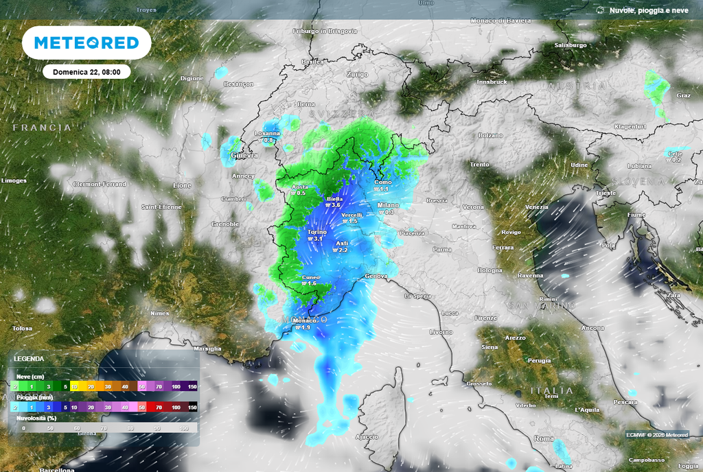 Pioggia e neve al nord ovest domenica 22 marzo