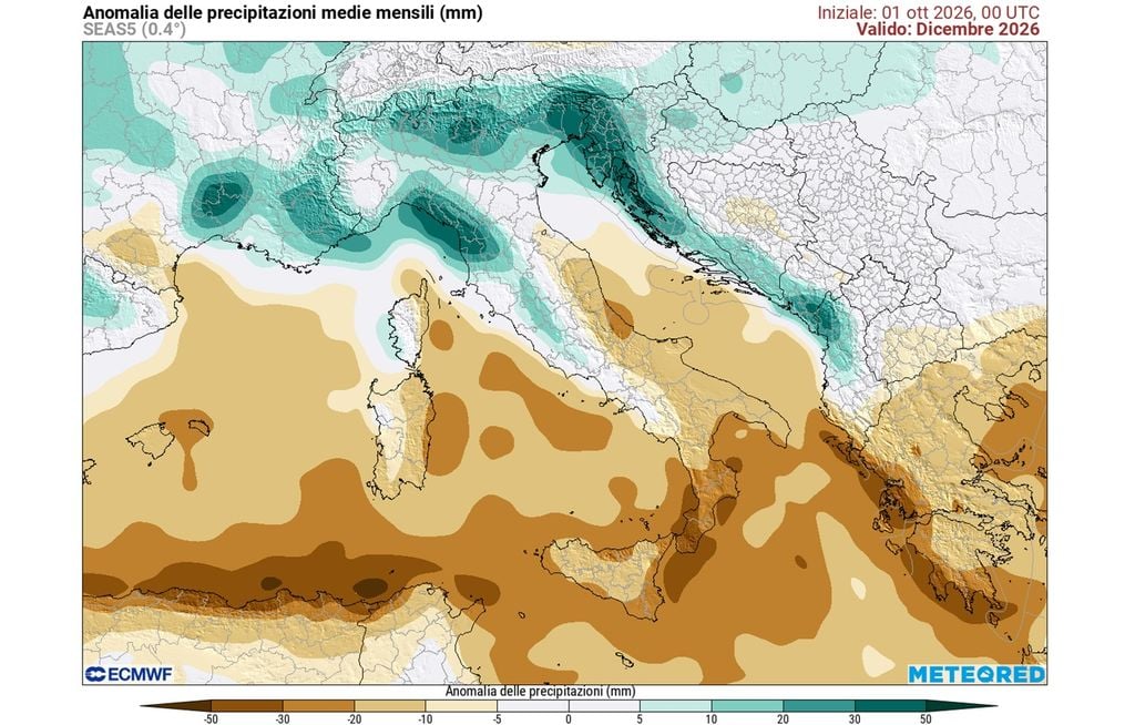 La tendenza di ECMWF per dicembre: più umido della media al Nord, siccitoso al Sud.