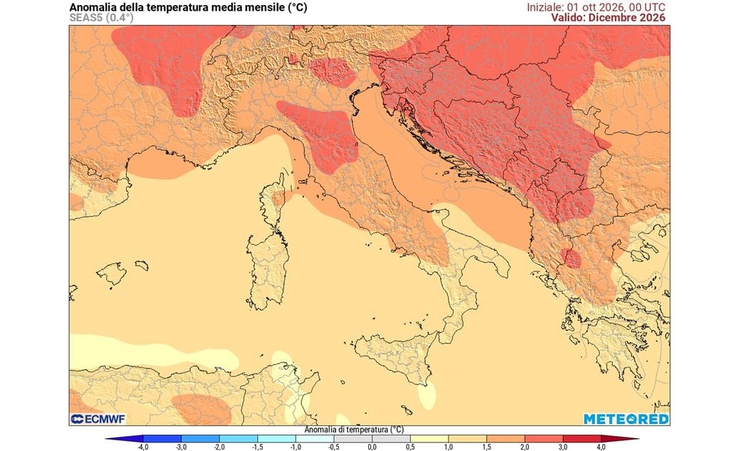 Il modello ECMWF indica la possibilità di un dicembre più caldo della media al Centro-Nord, con picchi di anomalia elevati al nord.