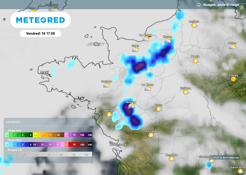Orages parfois forts cet après-midi et ce soir entre les Pays de la Loire et la Normandie. Orages parfois forts cet après-midi et ce soir entre les Pays de la Loire et la Normandie.