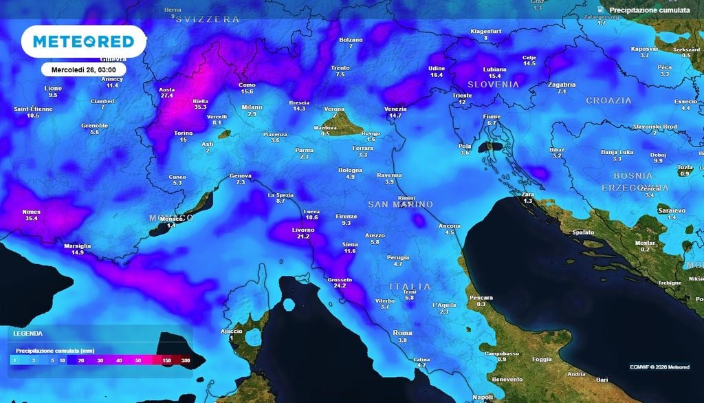 Centro-Nord con gli accumuli delle prossime ore