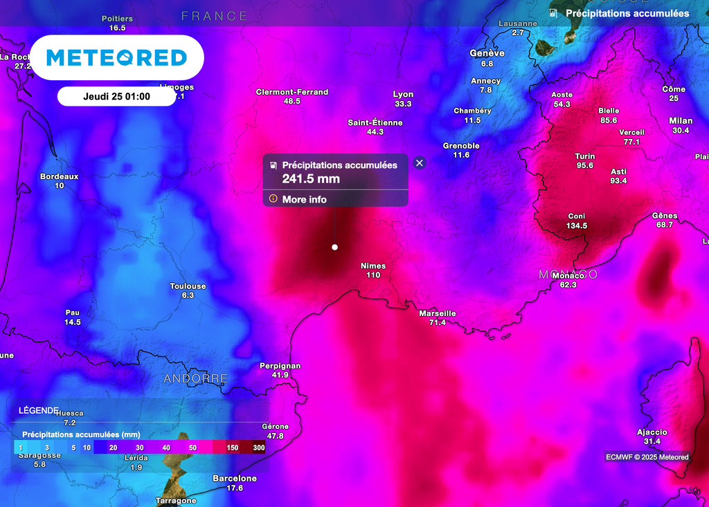 Les cumuls de pluie pourraient dépasser les 300 litres d'eau par mètre carré sur les Cévennes d'ici le début de semaine prochaine ! Les cumuls de pluie pourraient dépasser les 300 litres d'eau par mètre carré sur les Cévennes d'ici le début de semaine prochaine !