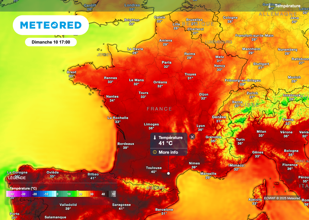 Températures attendues ce dimanche après-midi. Plus de 40 degrés localement dans le sud-ouest de la France.