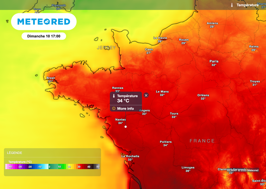 33°C à Rennes dimanche après-midi et 34°C à Nantes.