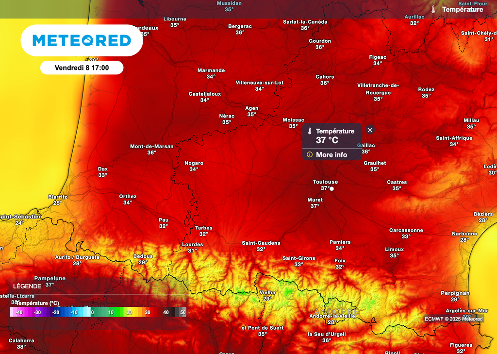 Des pointes possibles à près de 40 degrés dans le sud-ouest de la France vendredi après-midi.