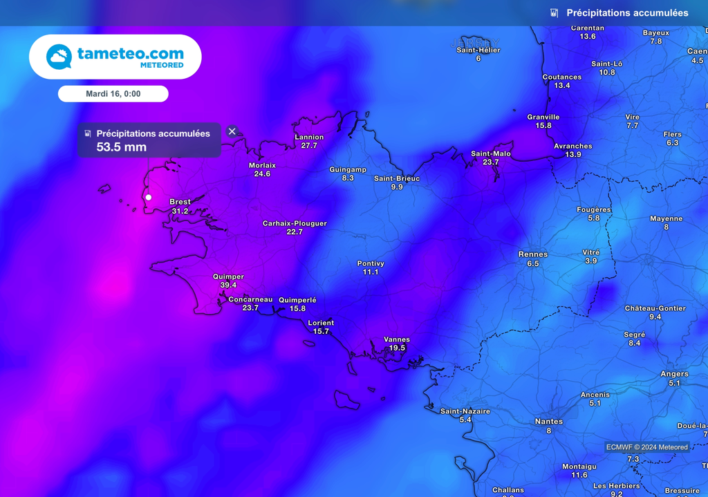 Près de 50 litres d'eau par mètre carré sont attendus dans l'ouest de la Bretagne.