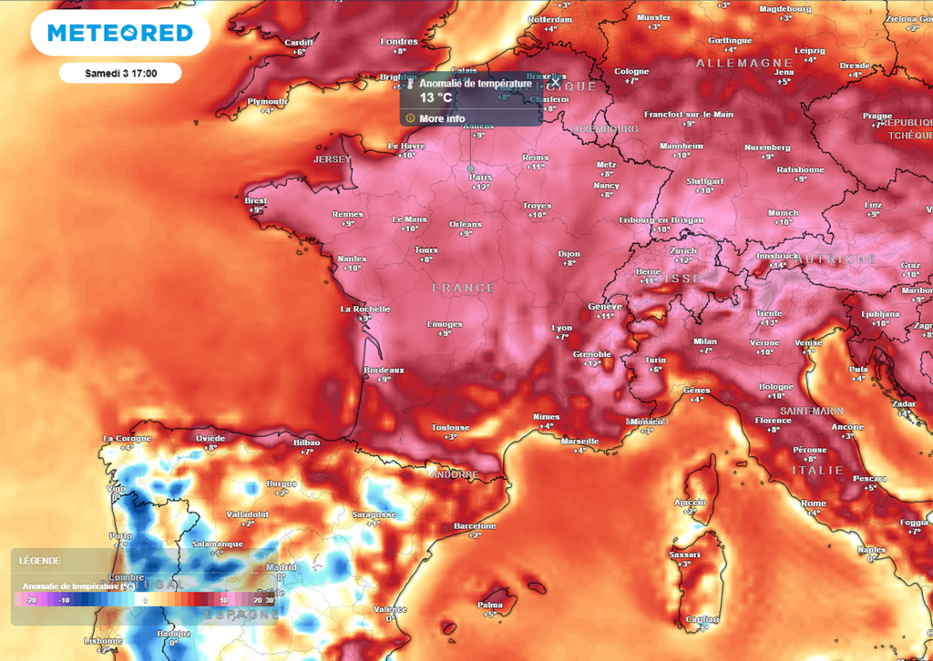 Entre vendredi et samedi, les maximales seront situées jusqu'à 13°C au-dessus des normales de saison ! Entre vendredi et samedi, les maximales seront situées jusqu'à 13°C au-dessus des normales de saison !