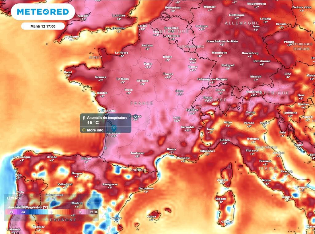 Près du sol, les valeurs sont situées parfois plus de 15°C au-dessus des normales de saison. Près du sol, les valeurs sont situées parfois plus de 15°C au-dessus des normales de saison.