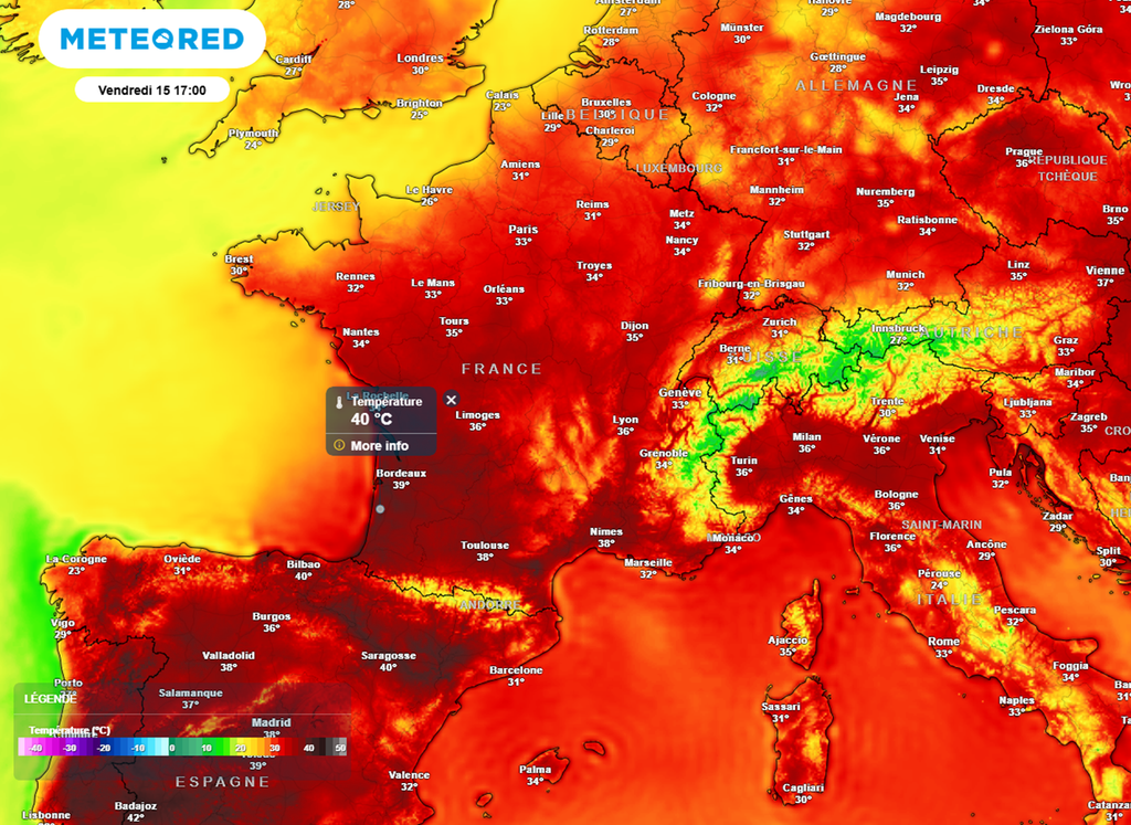 Vendredi après-midi, de nouvelles pointes à 40°C seront possibles dans le sud-ouest. Vendredi après-midi, de nouvelles pointes à 40°C seront possibles dans le sud-ouest.