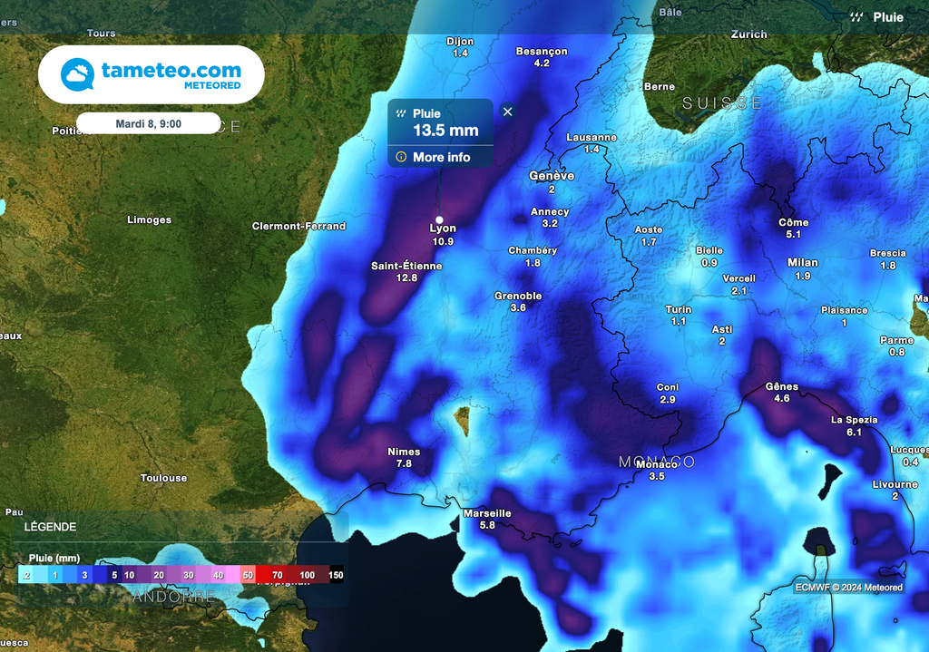 Fortes pluies entre le Gard et le Rhône mardi matin. Situation prévue à 9 heures mardi matin.
