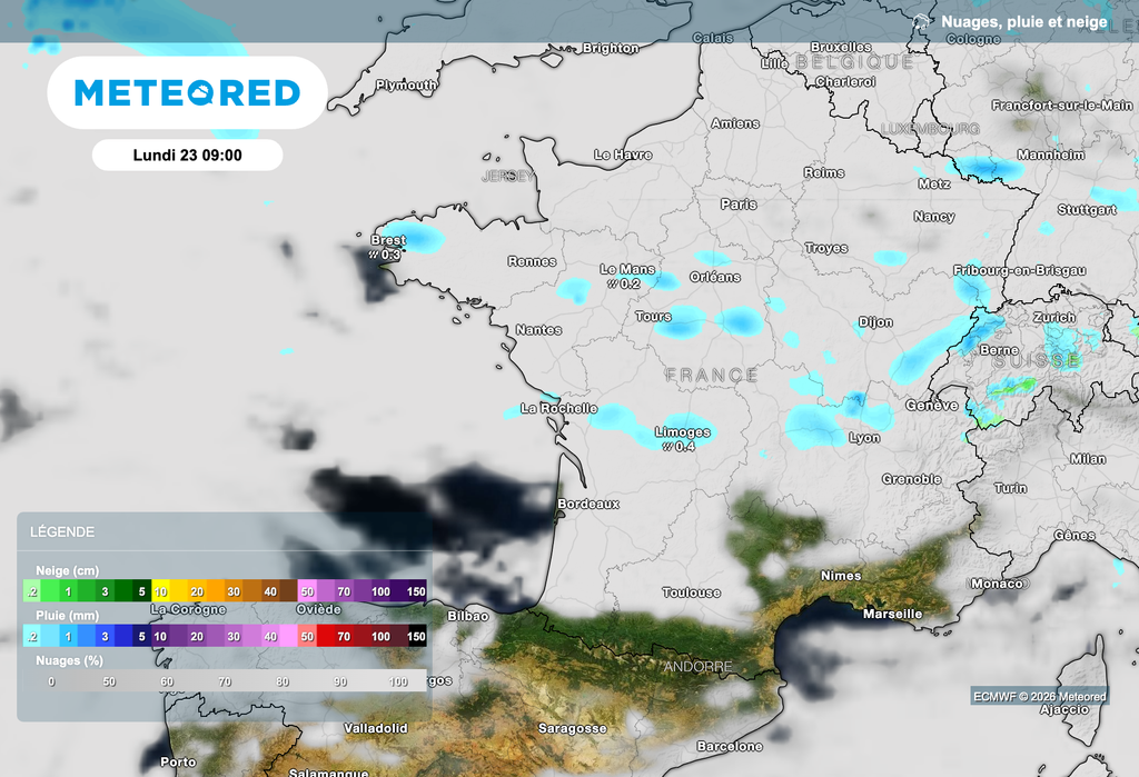 Quelques précipitations ce lundi matin sur les régions centrales.