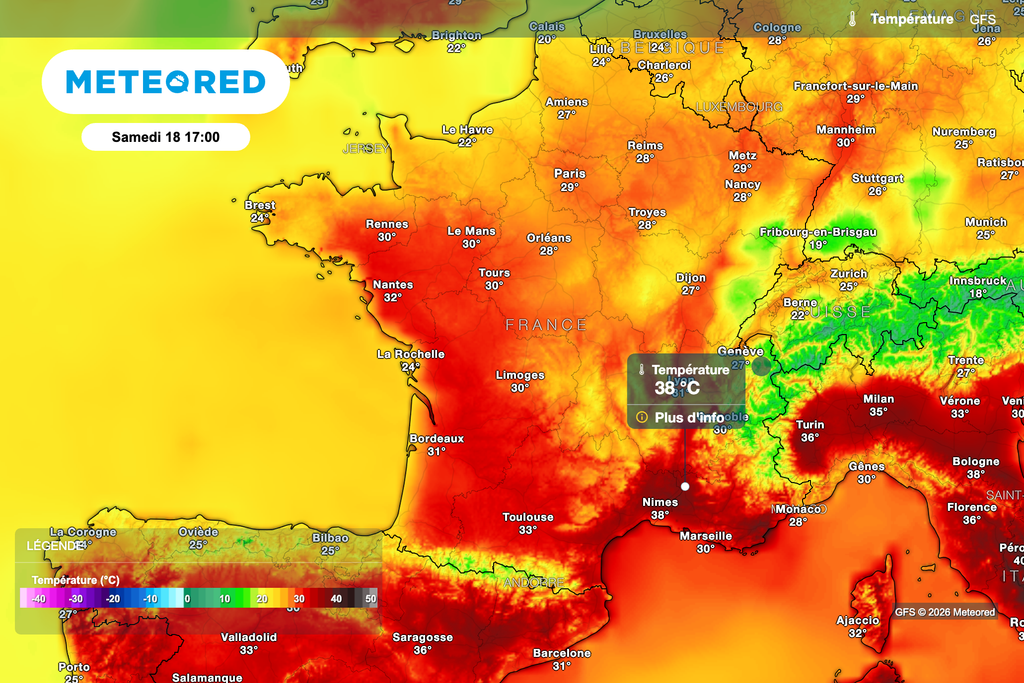 Températures plus respirables ce week-end. Poursuite de la canicule près de la Méditerranée. Source : Modèle GFS. Températures plus respirables ce week-end. Poursuite de la canicule près de la Méditerranée. Source : Modèle GFS.