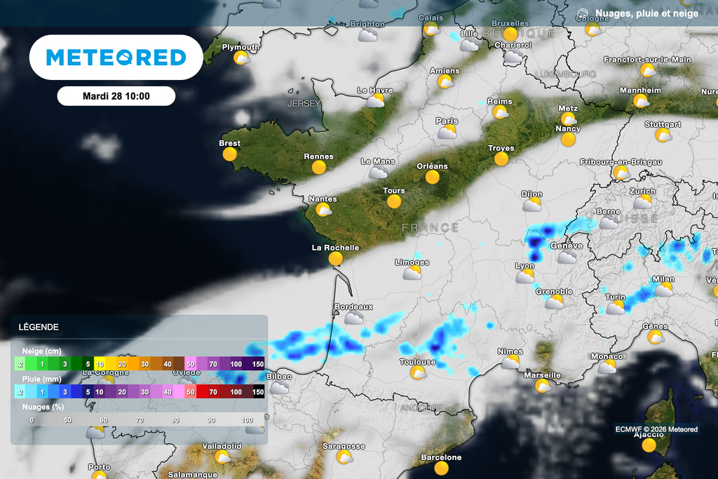 Une matinée plutôt ensoleillée attendue sur les régions situées au nord de la Loire. Ciel déjà chargé dans le sud avec quelques ondées.