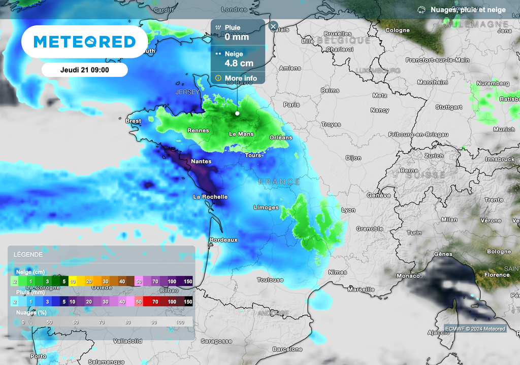 Chutes de neige prévues ce jeudi matin (en vert sur la carte).