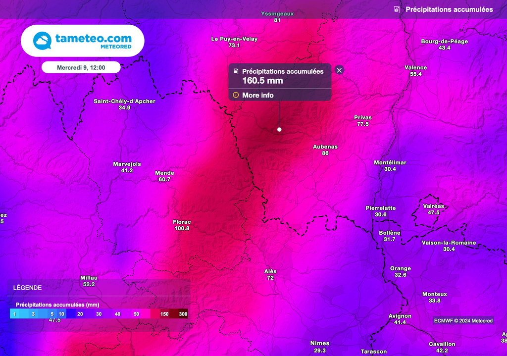 Cumuls de pluie prévus au cours des prochaines heures en direction des Cévennes.