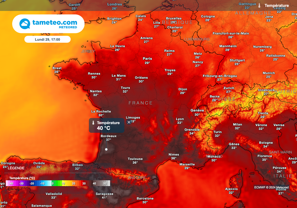 Des pointes à plus de 40 degrés sont prévues cet après-midi dans le sud-ouest de la France.
