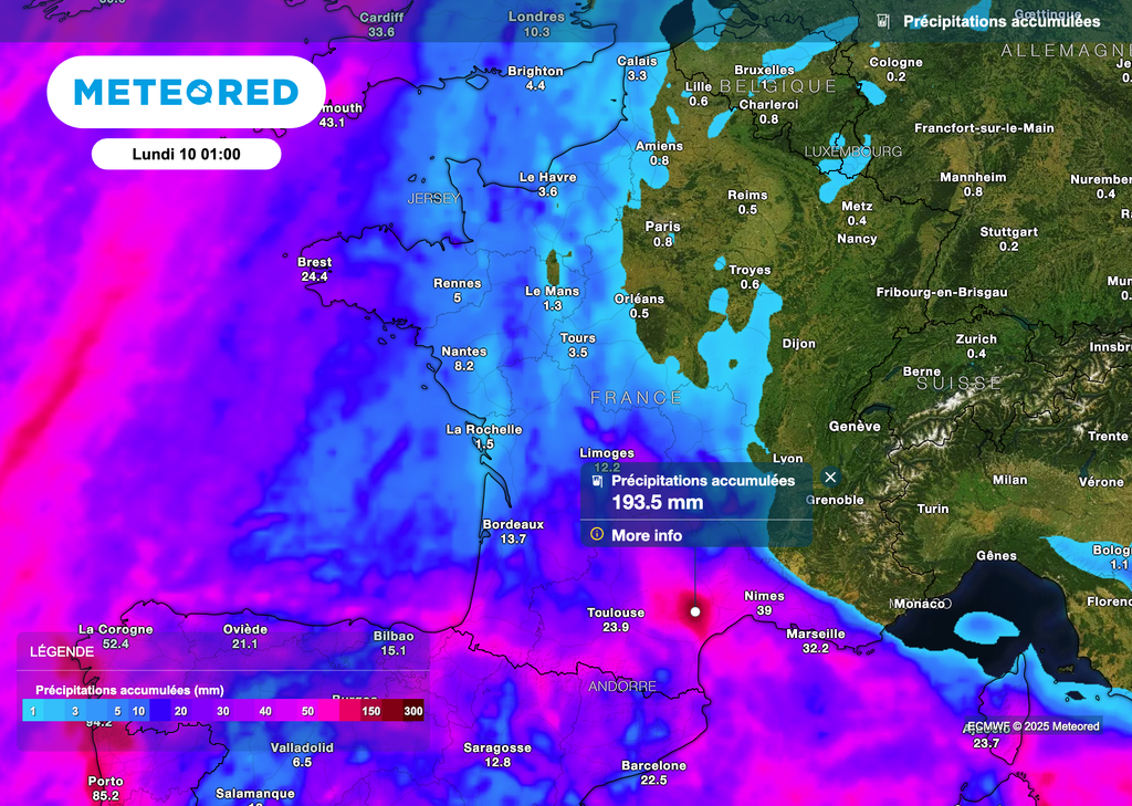 Cumuls de pluie notables attendus en Occitanie jeudi 6 novembre.