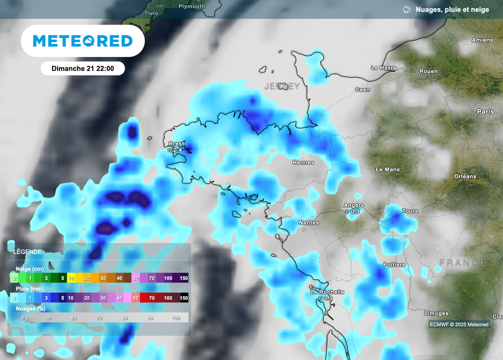 Précipitations orageuses parfois fortes sur le nord de la Bretagne.