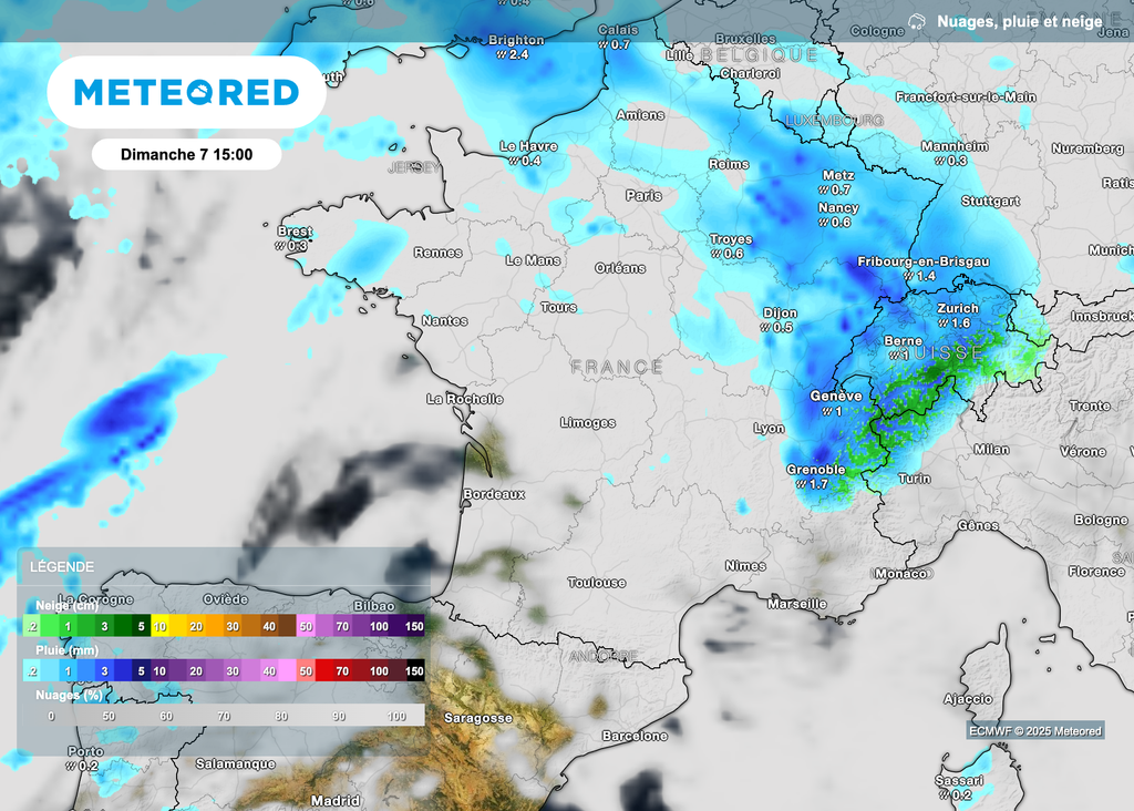 Les pluies les plus soutenues de décalent l'après-midi entre le nord des Alpes et la région Grand Est. Les pluies les plus soutenues de décalent l'après-midi entre le nord des Alpes et la région Grand Est.