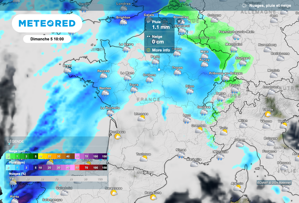 Météo pluvieuse dimanche sur le nord du pays. Peut-être quelques flocons dimanche matin temporairement au contact de l'air froid. Météo pluvieuse dimanche sur le nord du pays. Peut-être quelques flocons dimanche matin temporairement au contact de l'air froid.