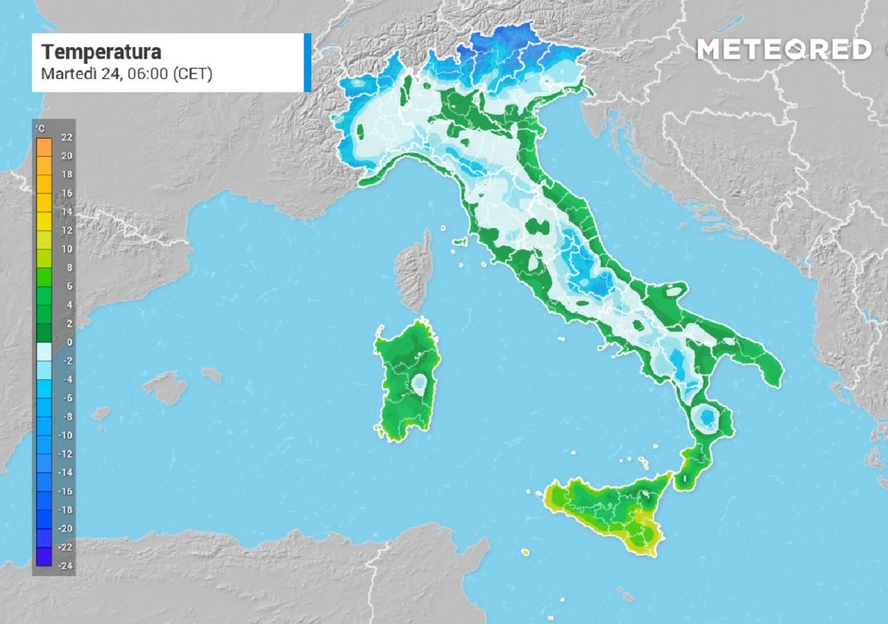 La mappa Meteored dell'ECMWF mostra le gelate in tutta Italia nei prossimi giorni.