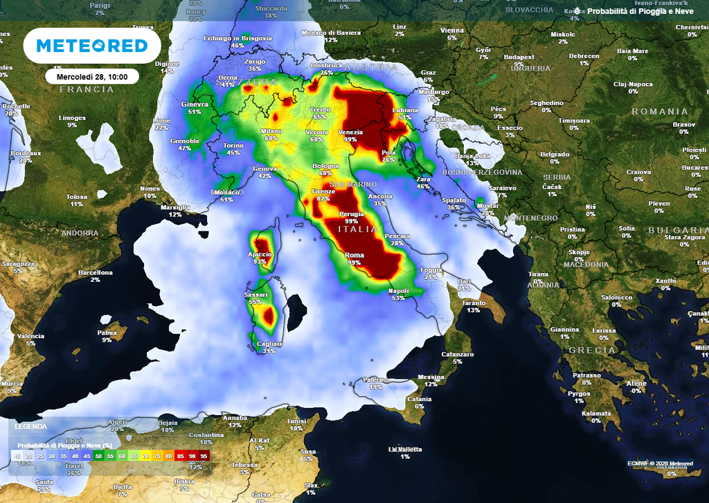 Secondo flusso instabile tra martedì e mercoledì Piogge diffuse su gran parte del territorio italiano