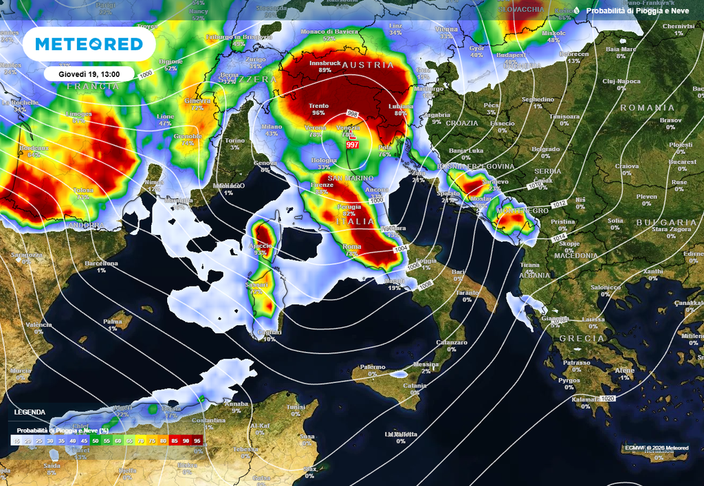 Ecco il minimo depressionario atteso per giovedì 19 Vortice ciclonico e aree a maggior rischio di fenomeni
