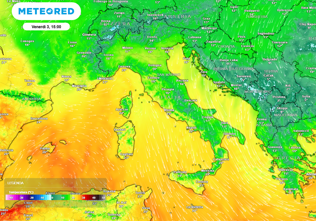 Massime diffusamente al di sotto dei 20°C da Nord a Sud