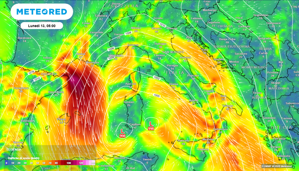 I forti venti di Scirocco attesi fra domenica 12 e lunedì 13, con rinforzi di burrasca sulle regioni del Centro-Sud.