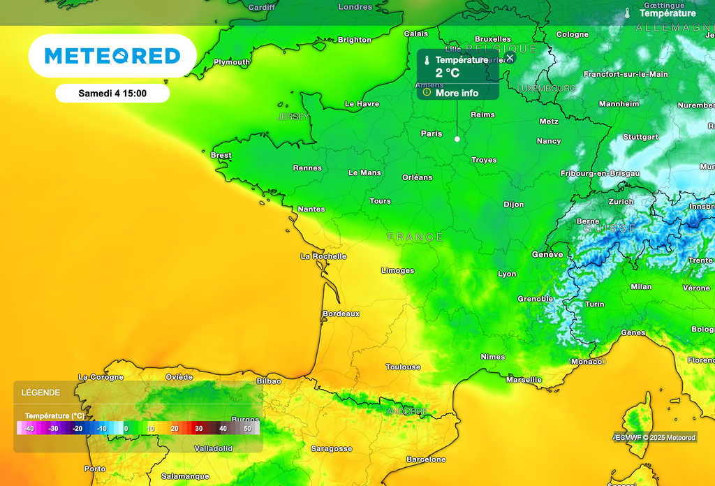 Températures prévues cet après-midi en France.