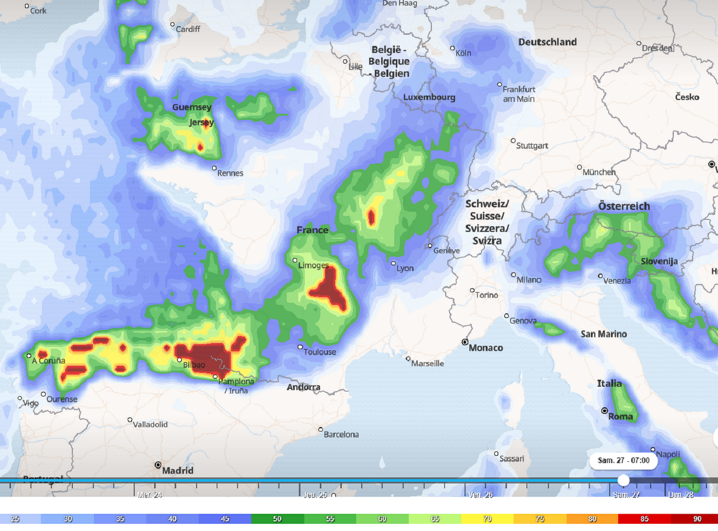 Probabilités de pluie et de neige pour la matinée de samedi (carte via tameteo) Probabilités de pluie et de neige pour la matinée de samedi (carte via tameteo)